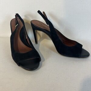COLE HAAN Grand OS Womens 7.5B Black Suede Peep Toe Sling-Back HEELS W05052 EUC